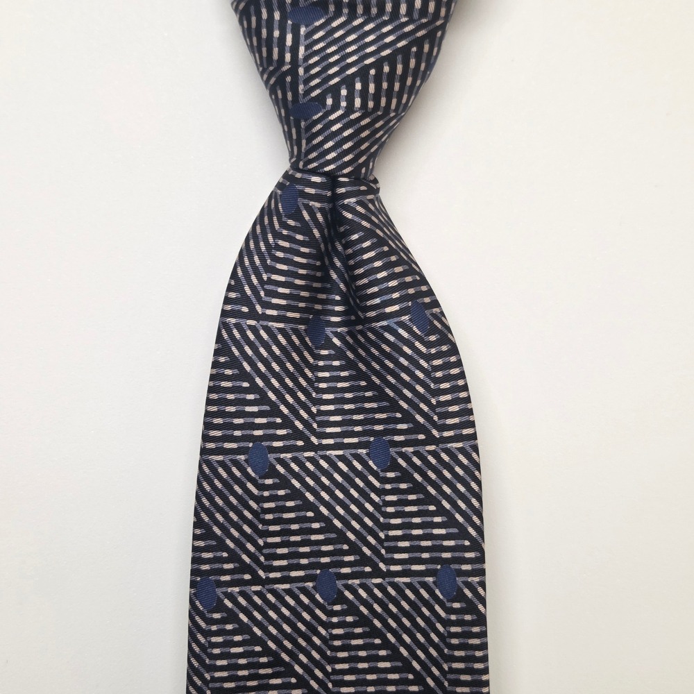 Jacques Estier Mens Tie Navy Gray Geometric Herringbone 100% Silk